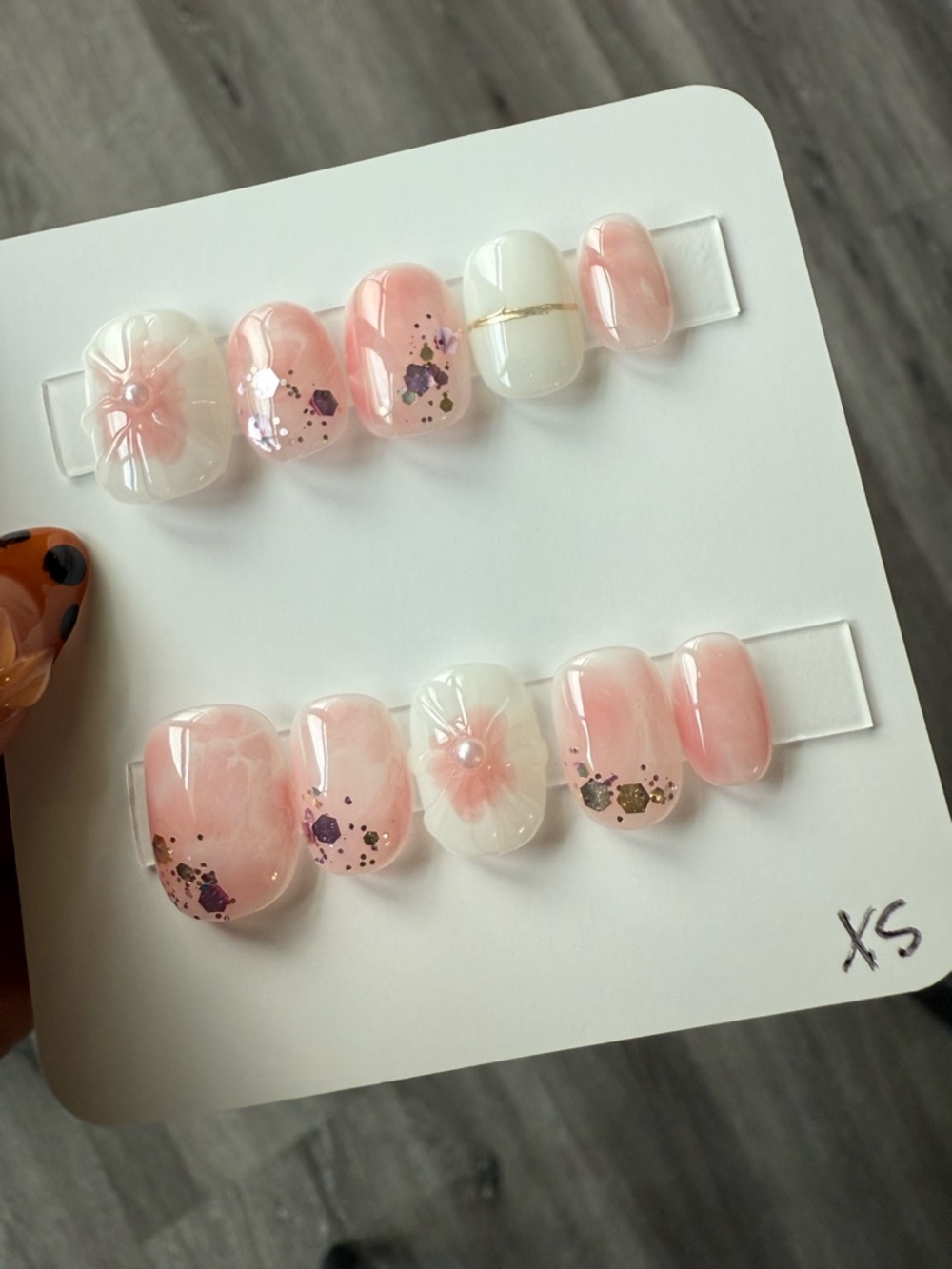 Pink Floral Press-On Nail Set with Glitter Accents